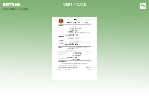 модерен стил Уверение за смрт од Конго Шаблон за Word и PDF шаблон